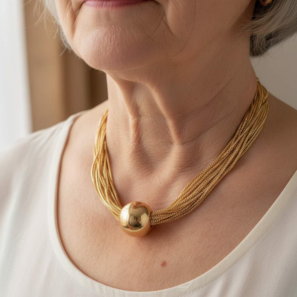 Glamurowy naszyjnik choker z zawieszką kula i wieloma łańcuszkami