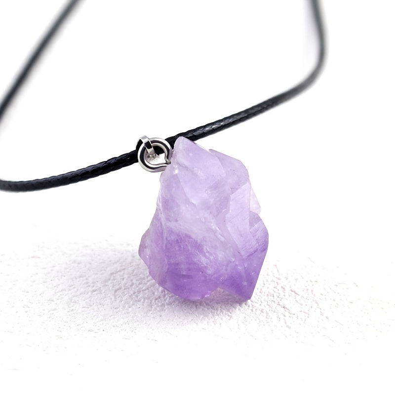 Naturalny naszyjnik z zawieszką kryształ surowego kamienia ametystu z rzemieniem skórzanym