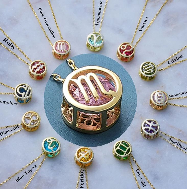 Dwustronny naszyjnik ze znakami zodiaku z akcentami kamieni urodzeniowych