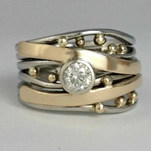 Pierścionek Vintage Bicolor z Diamentem w Oprawie Rub-Over