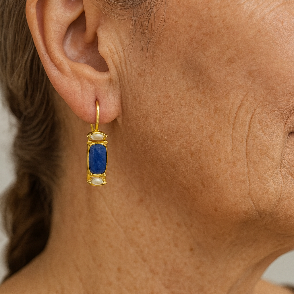 Kolczyki vintage z lśniącym lapis-lazuli i perłami słodkowodnymi