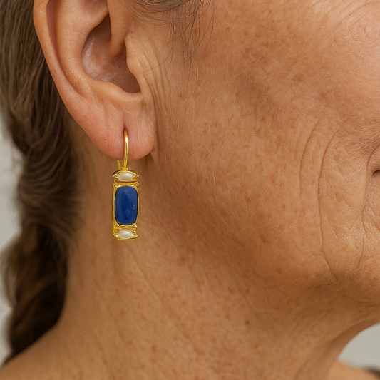 Kolczyki vintage z lśniącym lapis-lazuli i perłami słodkowodnymi