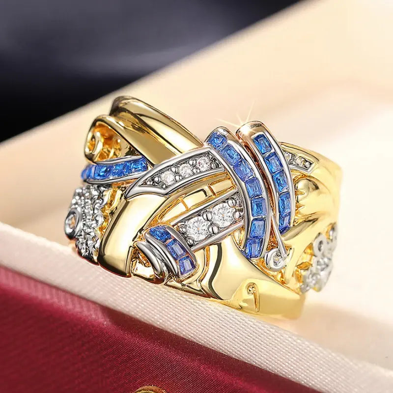 Elegancki złoty pierścionek z szafirem i diamentami w stylu vintage