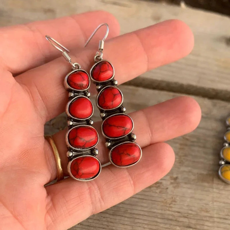 Kolczyki Boho statement z naturalnymi kamieniami w turkusie, czerwieni i czerni