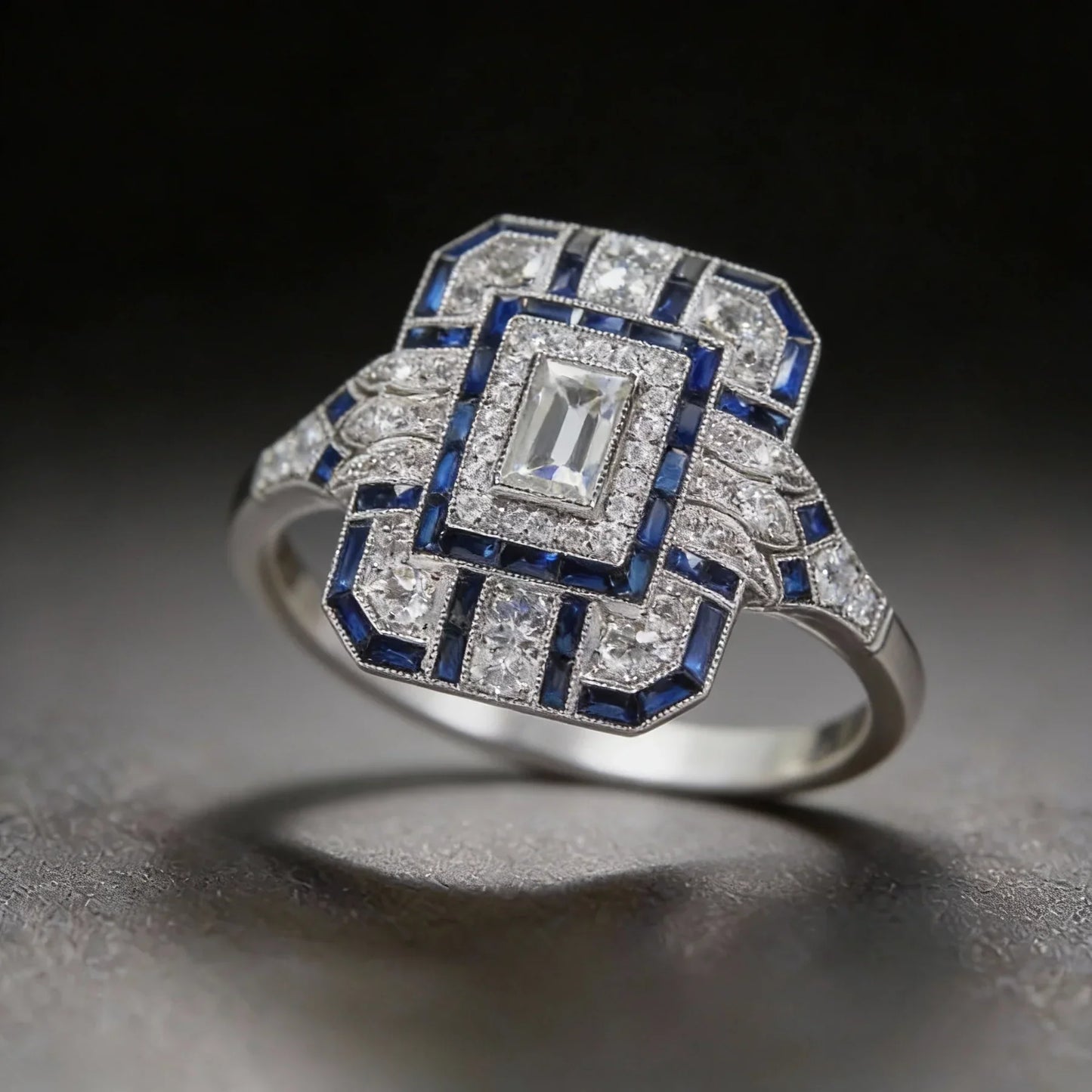 Srebrny Pierścionek Vintage z Diamentami i Szafirami w Stylu Art Deco