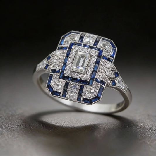 Srebrny Pierścionek Vintage z Diamentami i Szafirami w Stylu Art Deco