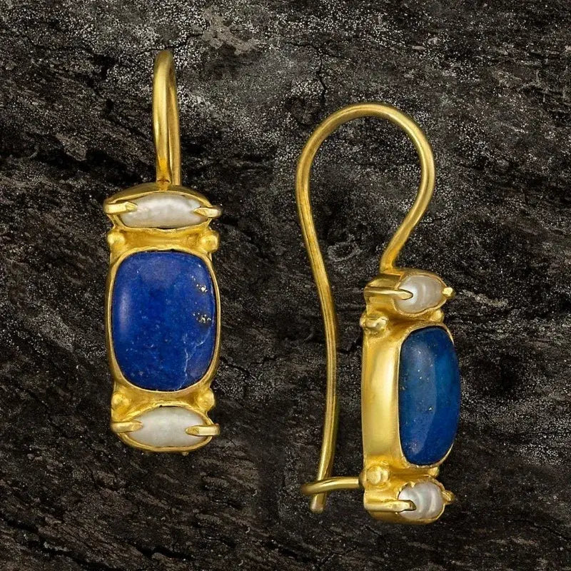 Kolczyki vintage z lśniącym lapis-lazuli i perłami słodkowodnymi