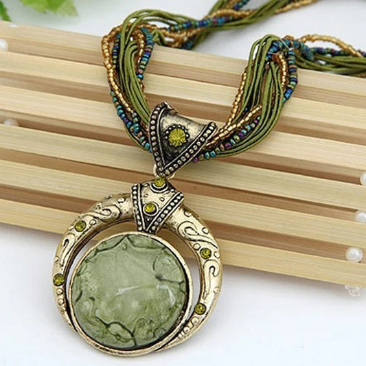 Naszyjnik boho vintage z dużą zawieszką z kamienia półszlachetnego i cyrkoniami